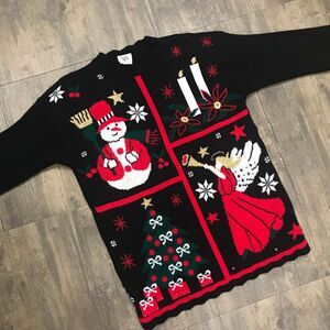 Vintage Nutcracker Christmas‎ Sweater Women Large Made In USA Snowman Angel Tree